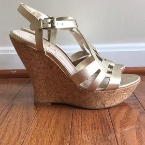 BCBG gold wedge sandals